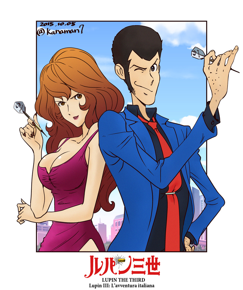 1girl arsene_lupin_iii bad_id bad_pixiv_id blue_jacket commentary_request darts highres jacket kanai_makoto_(kanaman7) logo lupin_iii mine_fujiko necktie red_neckwear sketch twitter_username