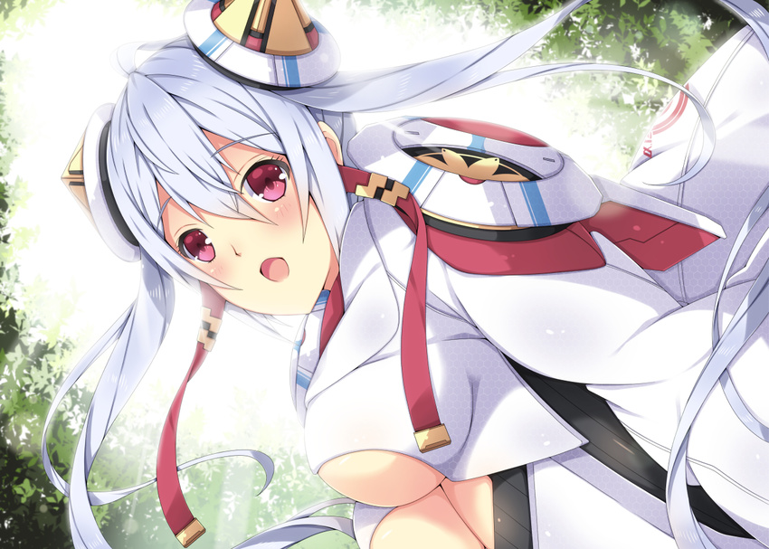 :o ahoge bangs blush breasts cape cleavage cleavage_cutout hair_between_eyes hair_ornament headgear large_breasts long_hair long_sleeves looking_at_viewer looking_back matoi_(pso2) mikoto_cluster milkpanda open_mouth outdoors phantasy_star phantasy_star_online_2 red_eyes silver_hair solo twintails underboob