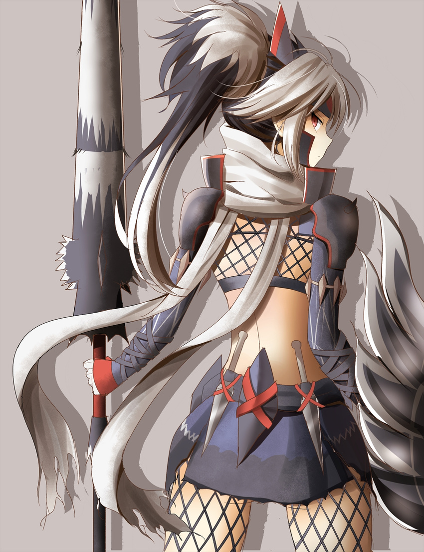 alternate_costume armor back fishnet_legwear fishnets fujiwara_no_mokou hair_ribbon highres indo_(mdtanaka2007) knife long_sleeves looking_at_viewer looking_back monster_hunter monster_hunter_x multicolored_hair nargacuga_(armor) ponytail red_eyes ribbon scarf shirt silver_hair silverwind_nargacuga_(armor) skirt thighs touhou two-tone_hair