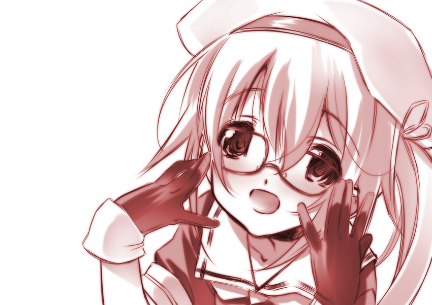 :d beret bespectacled black_gloves glasses gloves hair_ornament hair_ribbon harusame_(kantai_collection) hat highres kantai_collection long_hair monochrome open_mouth ribbon school_uniform senomoto_hisashi serafuku side_ponytail simple_background smile solo uniform white_background