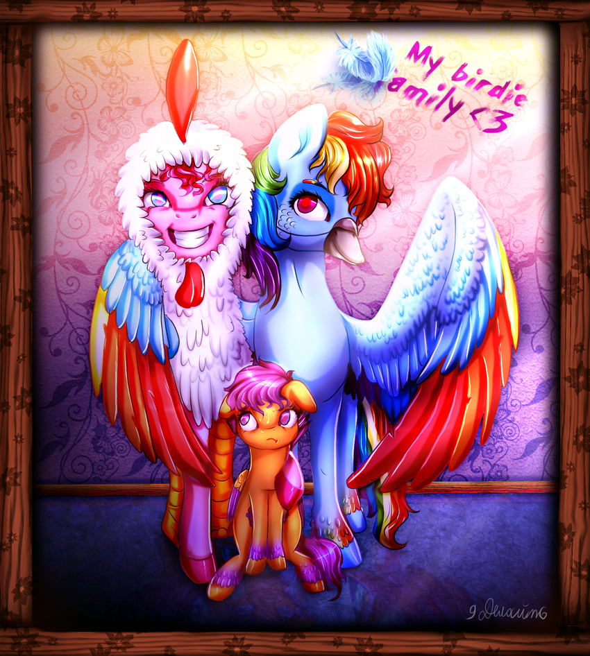 2015 9de-light6 abstract_background avian beak bird blue_eyes blue_fur chicken costume earth_pony english_text equine feathers female feral friendship_is_magic fur group hair hat horse looking_at_viewer mammal multicolored_feathers multicolored_hair multicolored_tail my_little_pony orange_feathers orange_fur pegasus pink_fur pinkie_pie_(mlp) pony purple_eyes purple_hair rainbow_dash_(mlp) rainbow_feathers rainbow_hair rainbow_tail red_eyes scootaloo_(mlp) smile spread_wings text wings