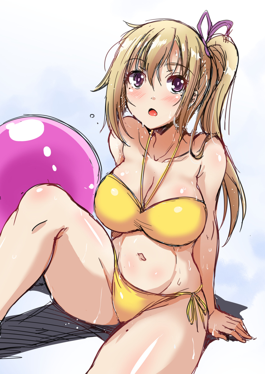 ball bikini blonde_hair highres kawakami_mai long_hair mole mole_on_thigh mole_under_eye musaigen_no_phantom_world nekoi_hikaru purple_eyes side_ponytail sitting solo swimsuit wet