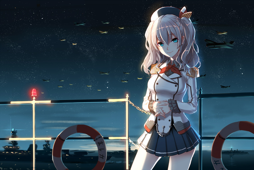 beret blue_eyes breasts buttons commentary_request epaulettes frilled_sleeves frills hands_together hat highres kantai_collection kashima_(kantai_collection) kerchief large_breasts lifebuoy looking_at_viewer military military_uniform miniskirt night phantania pleated_skirt ship sidelocks silver_hair skirt solo tsurime twintails uniform watercraft wavy_hair