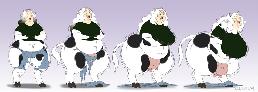 2015 big_breasts black_fur blush bovine breast_expansion breasts cattle clothed clothing comic eyes_closed female fur gillpanda gradient_background hair hi_res huge_breasts human hybrid mammal multicolored_fur open_mouth overweight sequence simple_background solo standing teats tongue tongue_out torn_clothing transformation two_tone_fur udders voluptuous watermark white_fur white_hair wide_hips