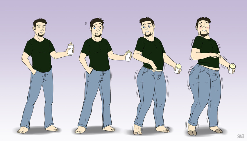 2015 beard blue_eyes blush brown_hair clothed clothing comic eyes_closed facial_hair gillpanda gradient_background hair human male mammal sequence simple_background standing transformation watermark wide_hips