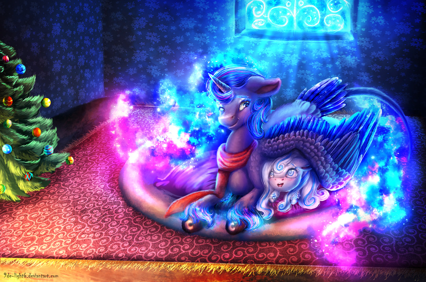2016 9de-light6 blue_eyes blue_feathers blue_fur blue_hair carpet christmas christmas_tree duo equine fan_character feathered_wings feathers female feral friendship_is_magic fur hair hi_res holidays horn inside mammal my_little_pony pegasus princess_luna_(mlp) scarf smile snowdrop_(character) tree window winged_unicorn wings