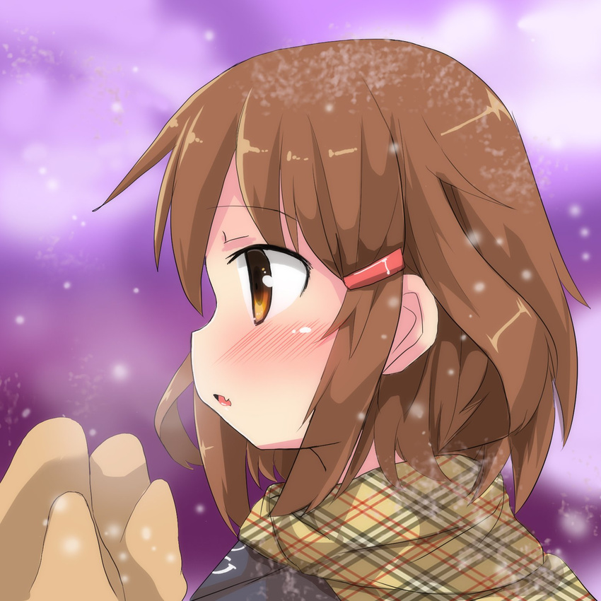 blush breath brown_eyes brown_hair close-up commentary_request fang from_side hair_ornament hairclip highres ikazuchi_(kantai_collection) kantai_collection mittens open_mouth oshiruko_(uminekotei) outdoors plaid plaid_scarf profile scarf snowing solo waiting