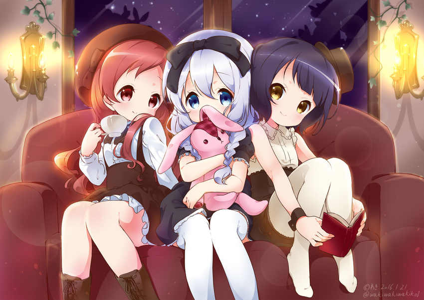 artist_name beret black_hair blue_eyes book bow braid chimame-tai commentary_request couch cup dated girl_sandwich gochuumon_wa_usagi_desu_ka? hair_bow hat highres jouga_maya kafuu_chino leg_hug long_hair maid multiple_girls natsu_megumi neki_(wakiko) pantyhose red_eyes red_hair sandwiched short_hair silver_hair sitting smile stuffed_animal stuffed_bunny stuffed_toy teacup thighhighs twitter_username white_legwear wrist_cuffs yellow_eyes