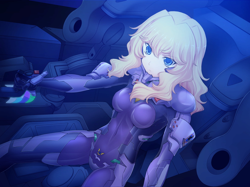 artist_request bernadette_le_tigre_de_la_riviere blonde_hair blue_eyes bodysuit breasts cockpit controller covered_navel dutch_angle frown game_cg highres joystick long_hair muvluv official_art petite pilot_suit science_fiction sitting skin_tight small_breasts solo spread_legs the_euro_front wavy_hair
