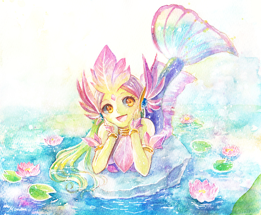 alternate_costume facial_mark flower green_hair green_skin league_of_legends lily_pad long_hair lotus mermaid mizoreame monster_girl nami_(league_of_legends) open_mouth river_spirit_nami solo traditional_media water yellow_eyes