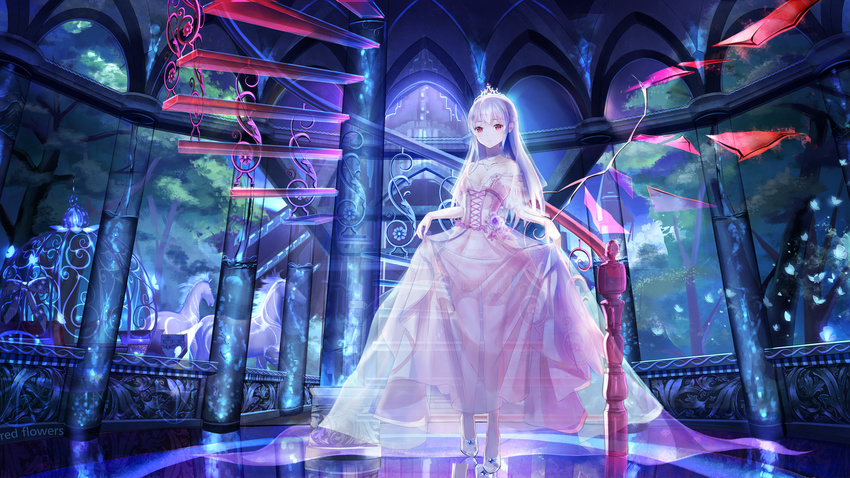 animal breasts carriage cleavage dress dress_lift garter_straps glass_slipper high_heels highres horse jewelry light_smile long_hair looking_at_viewer medium_breasts necklace original red_eyes red_flowers see-through solo stairs thighhighs tiara white_hair