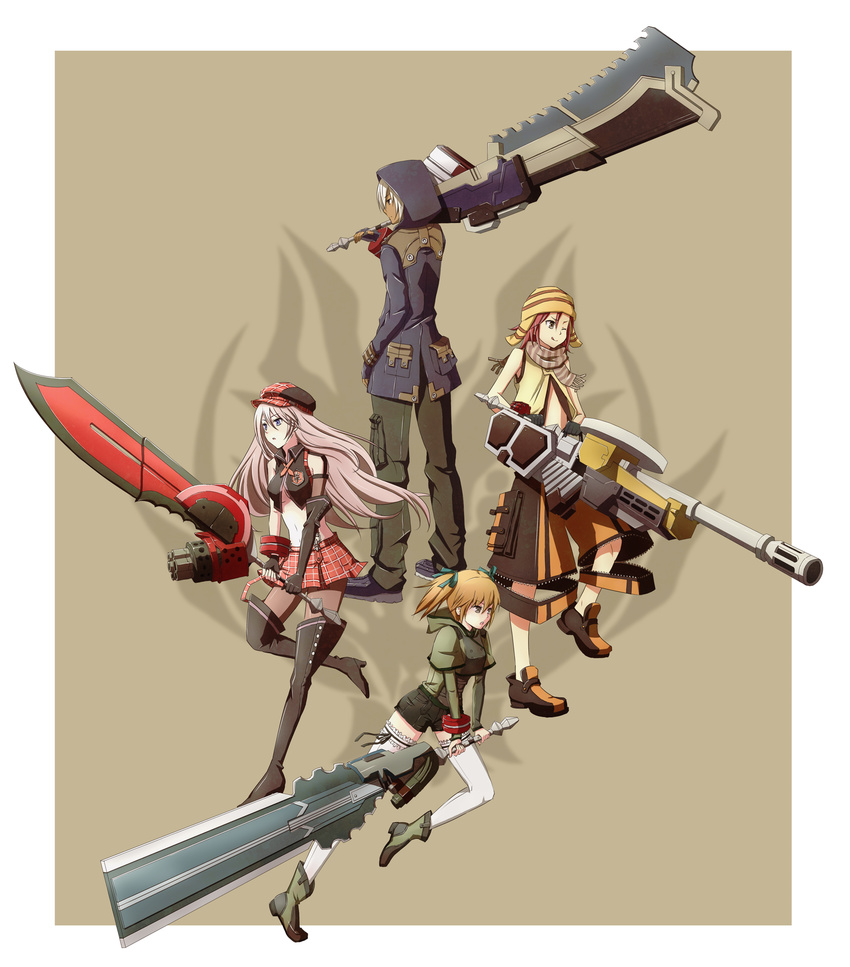 bare_shoulders black_footwear black_gloves black_legwear blue_eyes boots breasts cabbie_hat elbow_gloves fingerless_gloves fujiki_kouta gloves god_eater god_eater_burst hat highres holding holding_sword holding_weapon huge_weapon lily_arle long_hair looking_at_viewer medium_breasts multiple_boys multiple_girls pantyhose player_(god_eater_burst) short_hair silver_hair skirt soma_schicksal suspender_skirt suspenders sword thigh_boots thighhighs underboob weapon white_hair