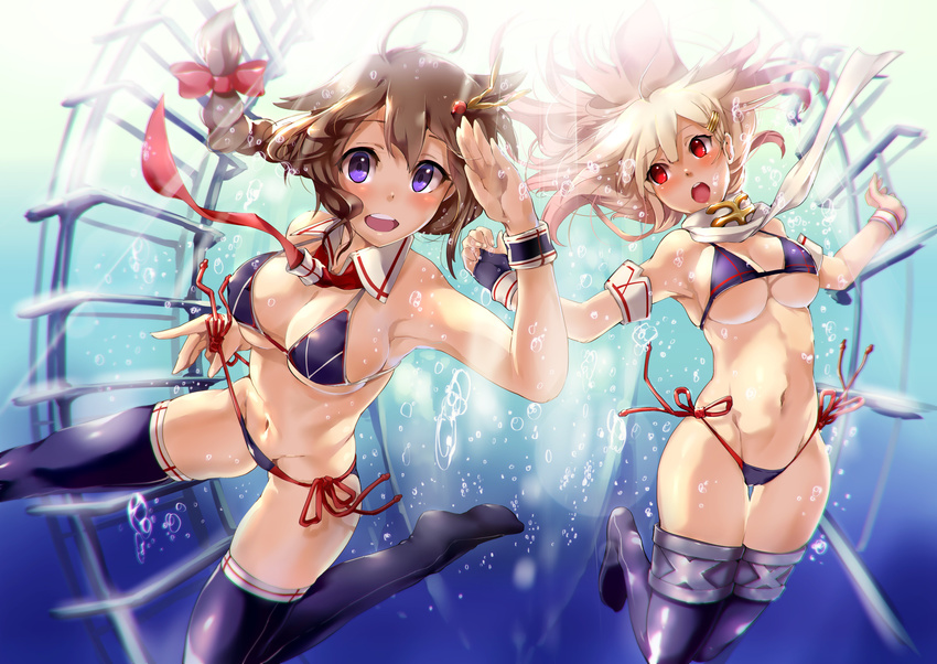 absurdres ahoge air_bubble bikini black_bikini_top black_gloves black_legwear blue_eyes blush breasts breath brown_hair bubble cleavage detached_collar fingerless_gloves freediving gloves hair_ornament hairclip highres holding_breath kantai_collection large_breasts multiple_girls navel open_mouth outstretched_arms platinum_blonde_hair red_eyes remodel_(kantai_collection) satou_daiji scarf shigure_(kantai_collection) side-tie_bikini smile string_bikini submerged sunlight swimsuit thigh_gap thighhighs underwater white_scarf yuudachi_(kantai_collection)