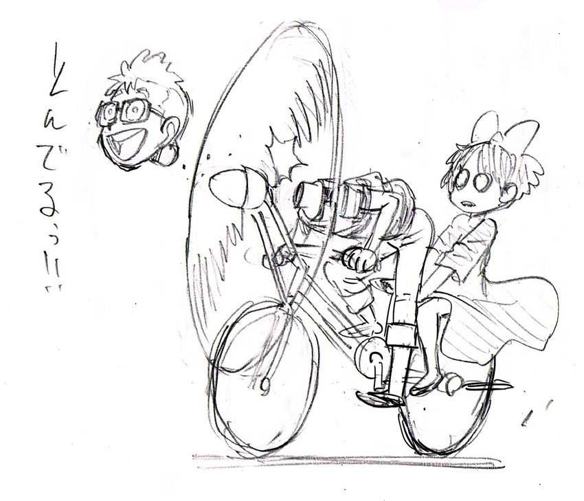 1girl bicycle commentary_request decapitation ground_vehicle highres kiki majo_no_takkyuubin monochrome multiple_riders murata_yuusuke o_o propeller riding sketch tombo translation_request