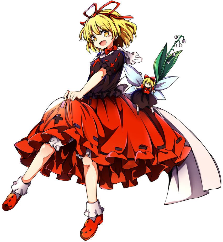 absurdres baba_(baba_seimaijo) blonde_hair bloomers blush bow bubble_skirt fairy fairy_wings flower full_body hair_ribbon highres lily_of_the_valley looking_at_viewer medicine_melancholy open_mouth puffy_sleeves ribbon shirt shoes short_hair short_sleeves skirt skirt_lift smile socks solo su-san tachi-e touhou transparent_background underwear white_legwear wings yellow_eyes
