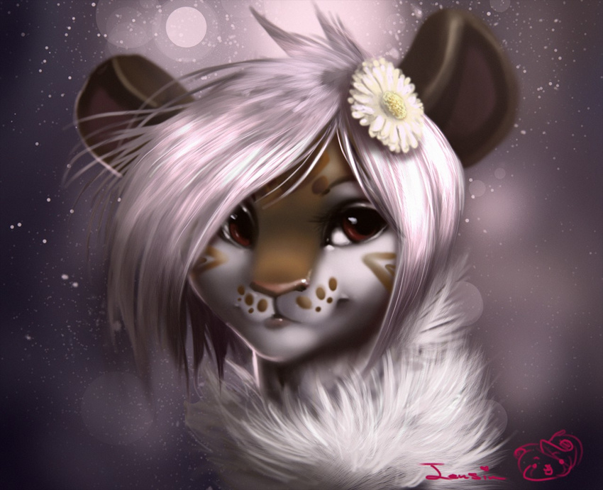 anthro chanrom cute feline female hair mammal smile snow solo tiger white_hair