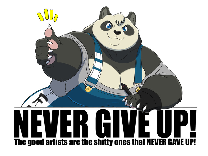bear black_fur blue_eyes claws clothed clothing english_text female fur gillpanda looking_at_viewer mammal multicolored_fur overweight panda pawpads pen sharp_teeth simple_background smile teeth text thumbs_up two_tone_fur white_background white_fur
