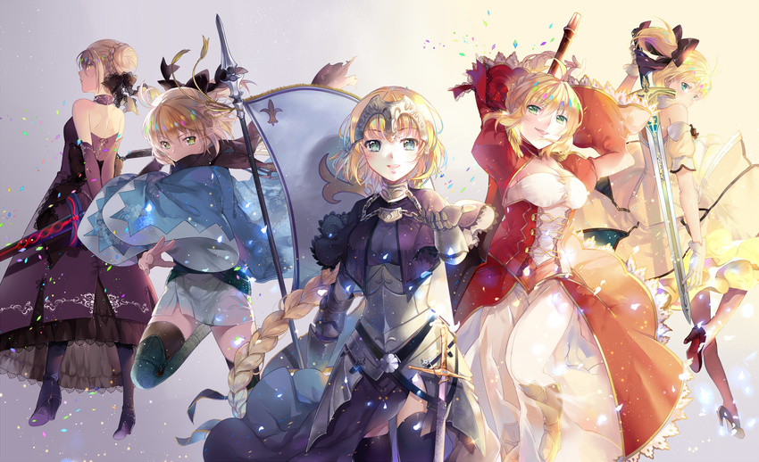 :d ahoge armor artoria_pendragon_(all) bad_id bad_pixiv_id blonde_hair blue_eyes bow braid caliburn capelet dark_excalibur ekita_xuan elbow_gloves fate/apocrypha fate/extra fate/stay_night fate/unlimited_codes fate_(series) gloves green_eyes hair_bow haori headwear highres japanese_clothes jeanne_d'arc_(fate) jeanne_d'arc_(fate)_(all) koha-ace long_hair multiple_girls nero_claudius_(fate) nero_claudius_(fate)_(all) okita_souji_(fate) okita_souji_(fate)_(all) open_mouth pantyhose ponytail saber_alter saber_lily scarf smile sword thighhighs weapon yellow_eyes zettai_ryouiki