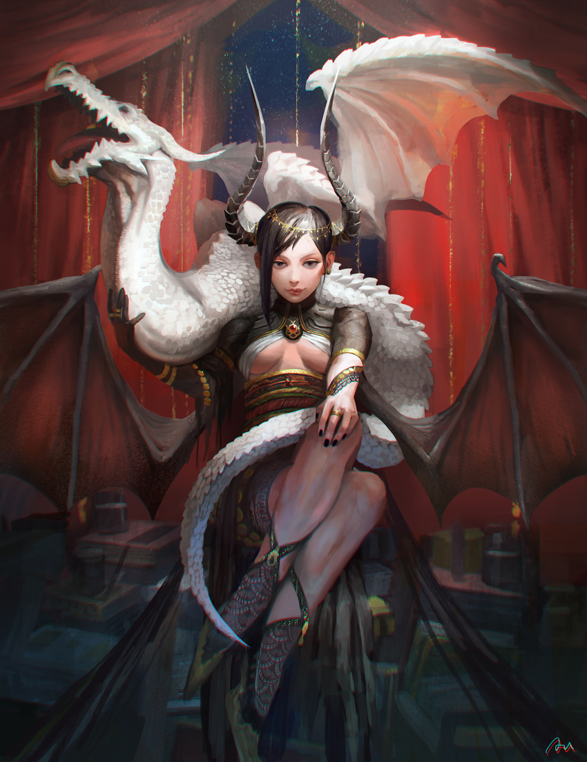 akagi_shunsuke_(und) animal animal_on_shoulder bangs bat_wings black_gloves black_hair black_nails black_wings book_stack breasts brooch candle coin_(ornament) crossed_legs curtains dragon earrings fire gloves hair_ornament hand_on_own_knee highres horns jewelry lace lace_legwear licking_lips looking_at_viewer medium_breasts nail_polish obi original realistic red_eyes red_lips ring sash see-through short_sleeves single_earring single_glove sitting socks solo swept_bangs tattoo tongue tongue_out transparent_wings underboob wings