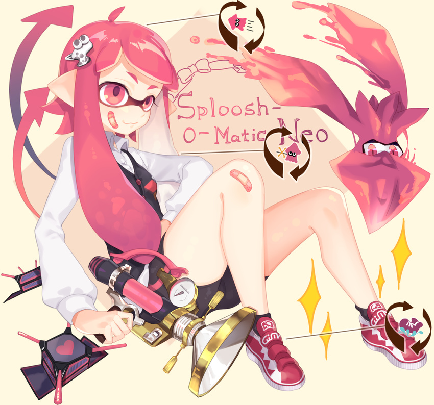ahoge bandaid bandaid_on_face bandaid_on_knee bike_shorts commentary_request domino_mask etsuo hair_ornament hairclip inkling long_sleeves mask pink_eyes pink_hair pointy_ears shirt shoes sitting sneakers solo splatoon_(series) splatoon_1 squid super_soaker tentacle_hair vest