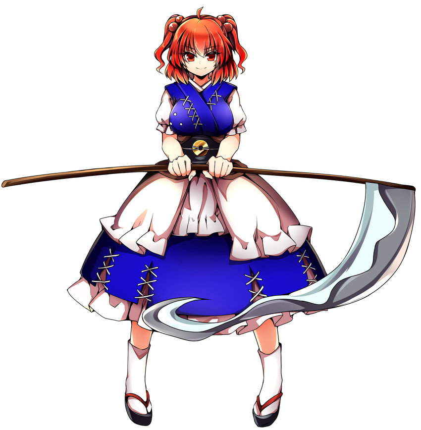 absurdres baba_(baba_seimaijo) breasts coin dress full_body hair_bobbles hair_ornament highres japanese_clothes kimono large_breasts looking_at_viewer obi onozuka_komachi puffy_sleeves red_eyes red_hair sandals sash scythe short_sleeves smile socks solo tachi-e touhou transparent_background tsurime two_side_up white_legwear