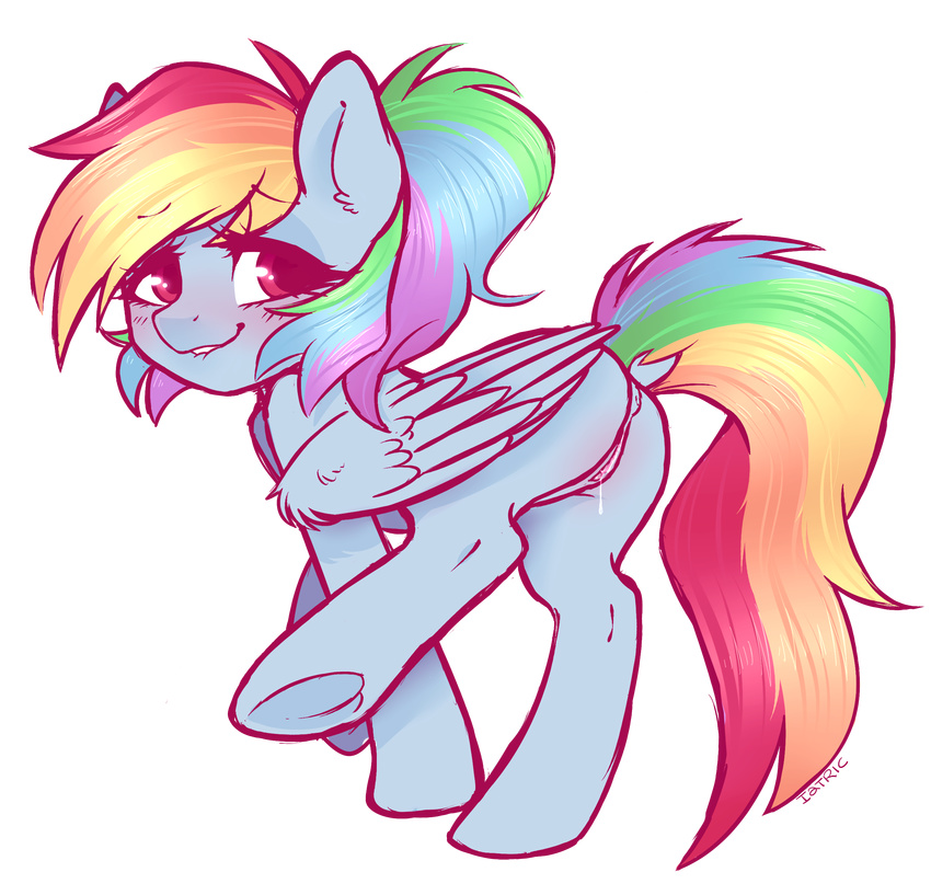 2016 anus biting_lip blush butt dock equine feathered_wings feathers female feral friendship_is_magic hair half-closed_eyes iatric inner_ear_fluff looking_back mammal multicolored_hair multicolored_tail my_little_pony pegasus pussy pussy_juice rainbow_dash_(mlp) rainbow_hair rainbow_tail raised_leg red_eyes solo standing underhoof wings