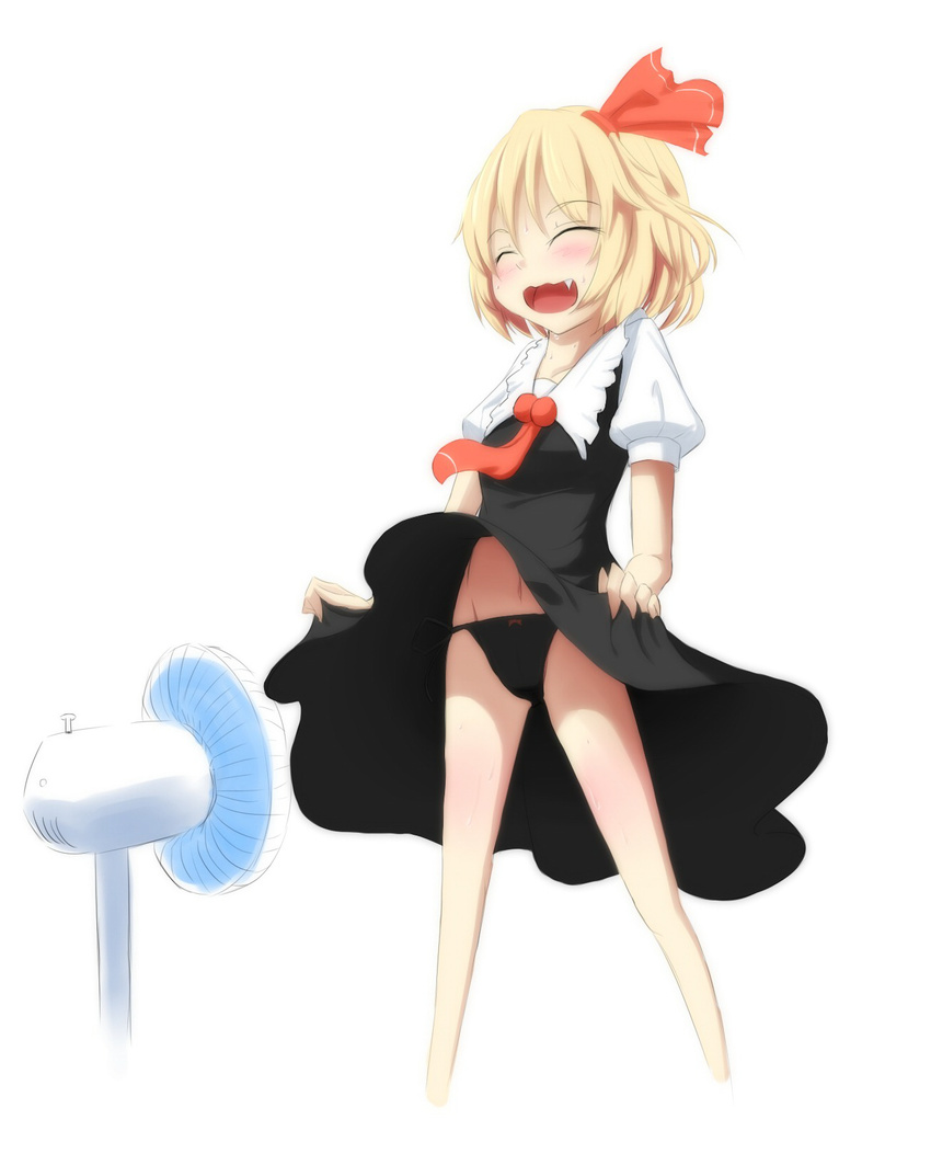 ascot bad_id bad_pixiv_id bangs black_dress black_panties blonde_hair blush body_blush bow bow_panties closed_eyes commentary_request dress dress_lift electric_fan fan fang fanning_crotch fanning_self groin hair_ornament hair_ribbon hana_(0458251551) happy highres navel open_mouth panties panties_day red_ribbon ribbon rumia short_hair simple_background sketch smile solo standing sweat touhou underwear white_background