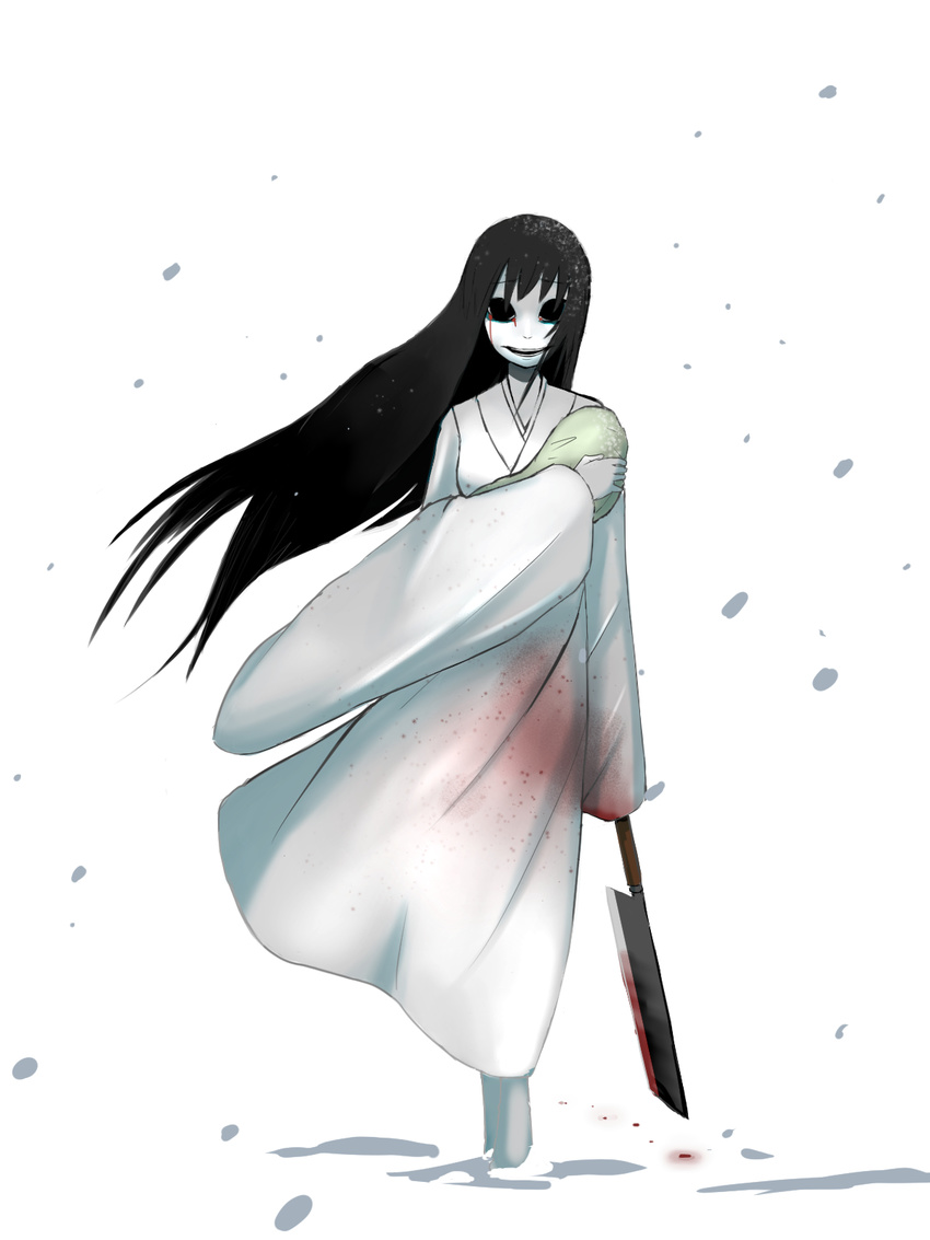 baby bad_id bad_pixiv_id bangs banned_artist barefoot black_eyes black_hair blood bloody_clothes bloody_tears bloody_weapon carrying commentary_request glaive hair_over_eyes highres holding holding_weapon horror_(theme) japanese_clothes kimono long_hair long_sleeves looking_at_viewer okahi open_mouth original pool smile snow snowing teeth very_long_hair weapon white_kimono wide_sleeves wind