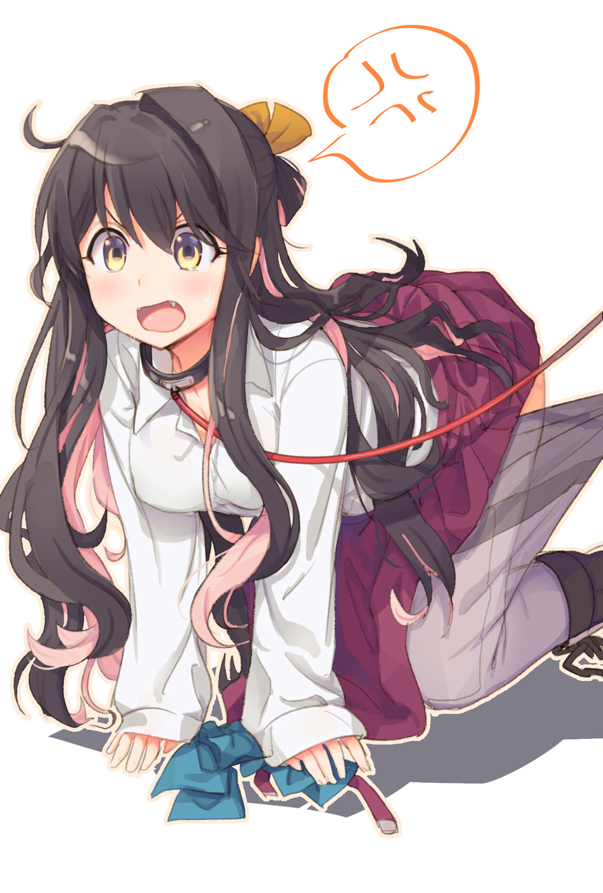 all_fours anger_vein black_hair blush boots bow bowtie bowtie_removed collar fang grey_legwear hair_ribbon highres kantai_collection leash long_hair multicolored_hair naganami_(kantai_collection) open_mouth pantyhose pantyhose_pull pink_hair ribbon school_uniform sketch skirt sleeves_past_wrists solo spoken_anger_vein tears thighband_pantyhose yellow_eyes yoyoyotto