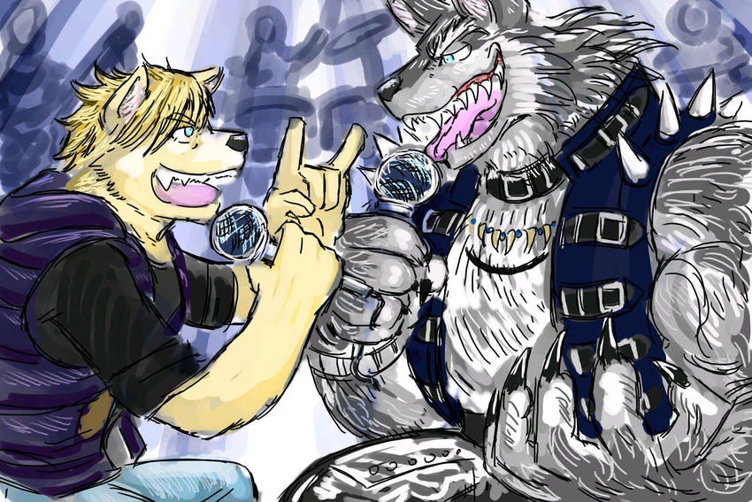 anthro canine duo eye_contact jewelry male mammal microphone musician necklace sign_of_the_horns singer singing tagme wolf yad