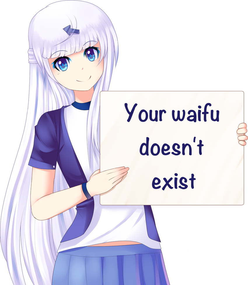 arrow blue_eyes blue_skirt bot-chan english eyebrows eyebrows_visible_through_hair highres holding holding_sign long_hair looking_at_viewer magpii mai_waifu original shirt sign skirt smile solo standing t-shirt transparent_background truth white_hair wristband