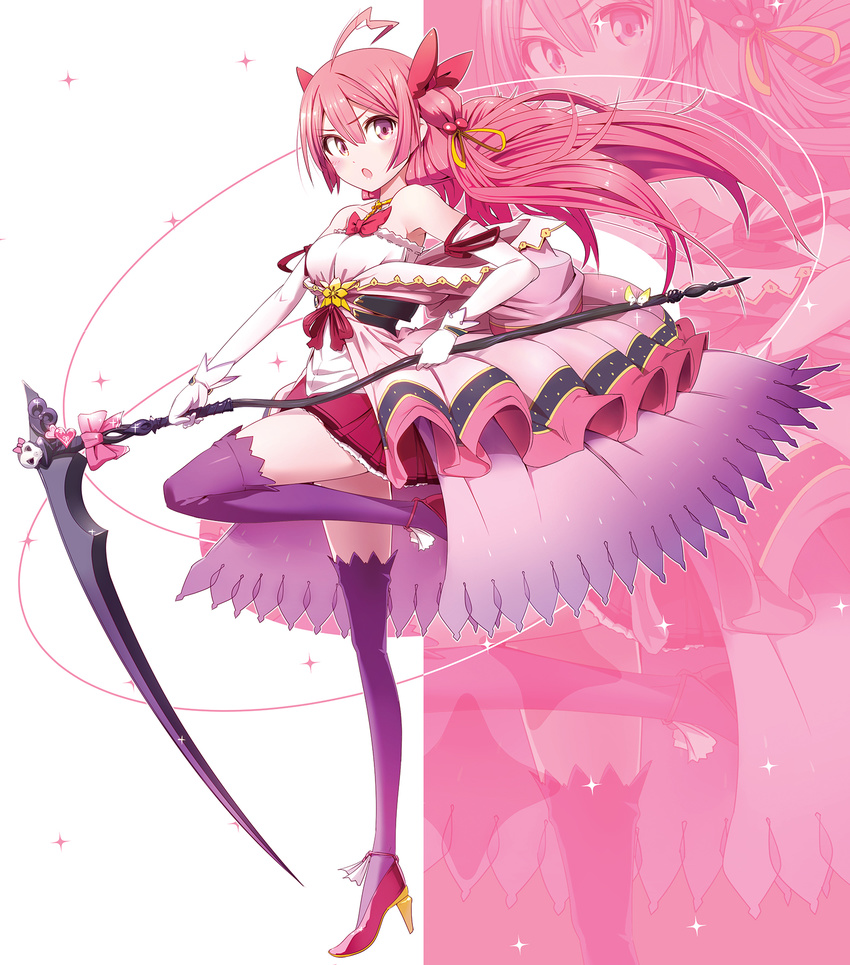 ahoge bare_shoulders bow dress hair_bow hair_ornament high_heels highres holding holding_weapon leg_up magical_girl open_mouth original pemu pink_eyes pink_hair scythe skirt solo standing standing_on_one_leg weapon