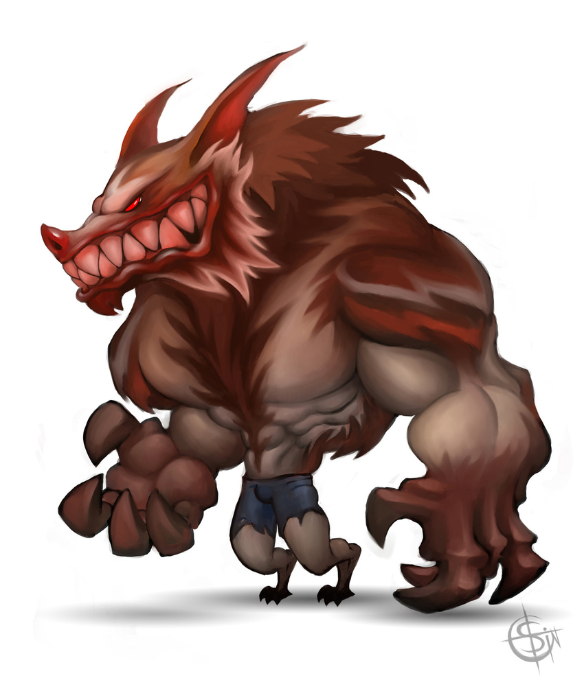 2015 3_toes 4_fingers abs angry barefoot biceps big_arms brown_fur canine cartoon clenched_teeth clothed clothing digital_media_(artwork) digitigrade fangs full-length_portrait fur grey_fur huge_muscles male mammal muscular no_pupils official_art partially_clothed pecs pink_nose portrait red_eyes red_fur sharp_teeth simple_background solo standing teeth thomas_sincich toes topless were werewolf white_background