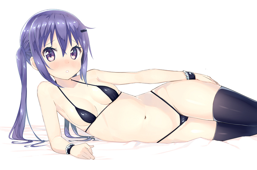 bikini black_bikini black_legwear blush breasts commentary gochuumon_wa_usagi_desu_ka? hair_ornament hairclip long_hair looking_at_viewer lying micro_bikini navel on_side open_mouth purple_eyes purple_hair small_breasts solo swimsuit tedeza_rize thighhighs tunamayochan twintails wrist_cuffs