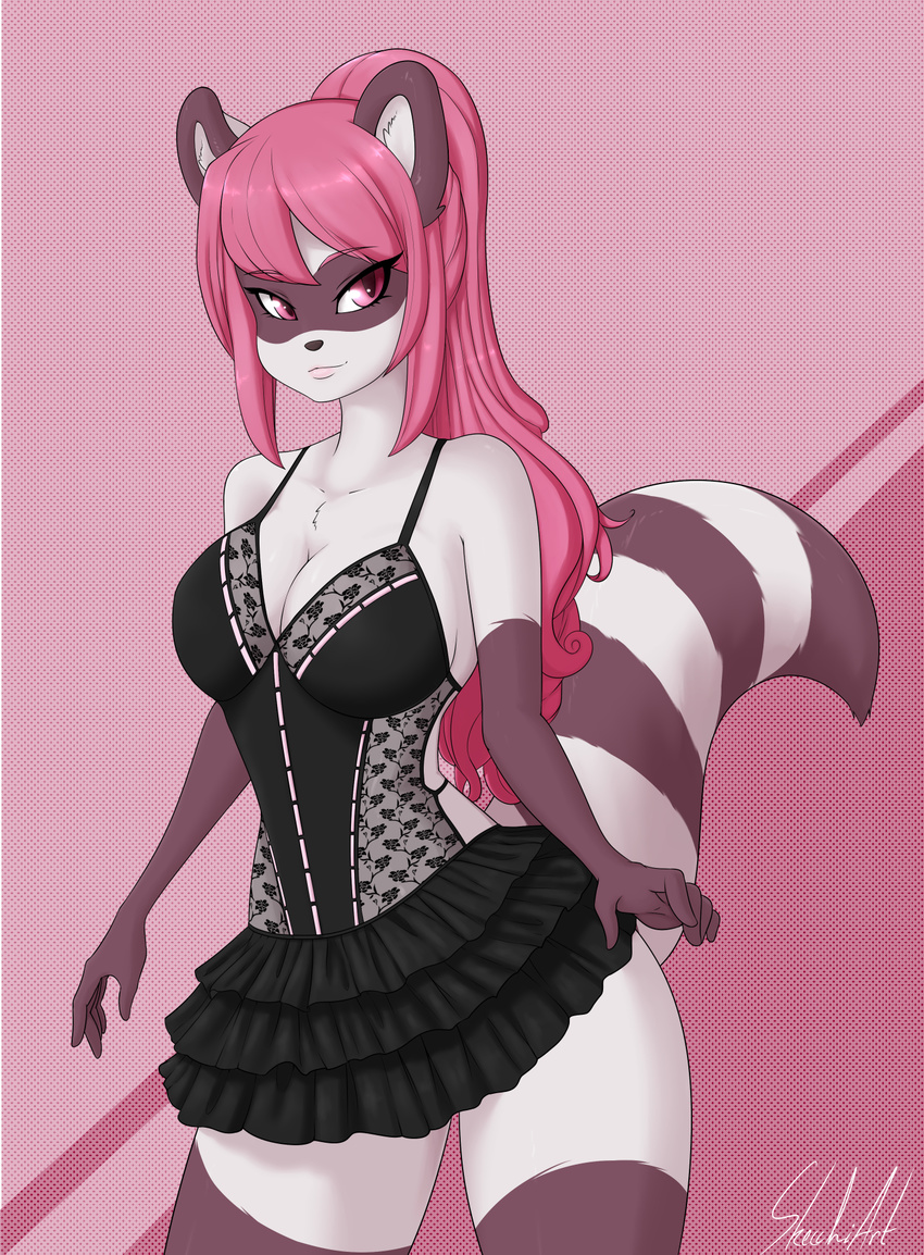 2015 anthro breasts cleavage clothed clothing female hair lingerie mammal mona_(spittfire) pink_eyes pink_hair ponytail portrait raccoon skecchiart solo