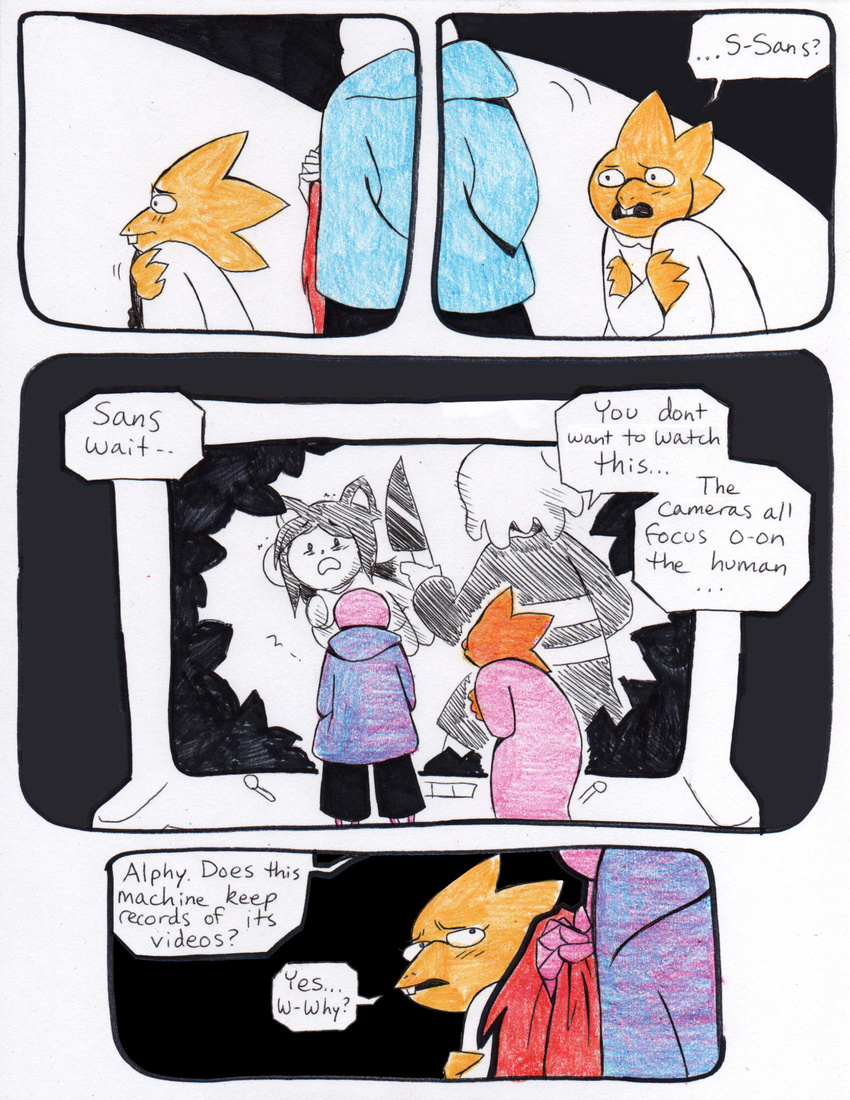 aftertale alphys bone clothed clothing comic computer dialogue english_text eyewear glasses hair human knife lizard loverofpiggies male mammal monster protagonist_(undertale) reptile sans_(undertale) scalie scarf skeleton temmie_(undertale) text undead undertale video_games