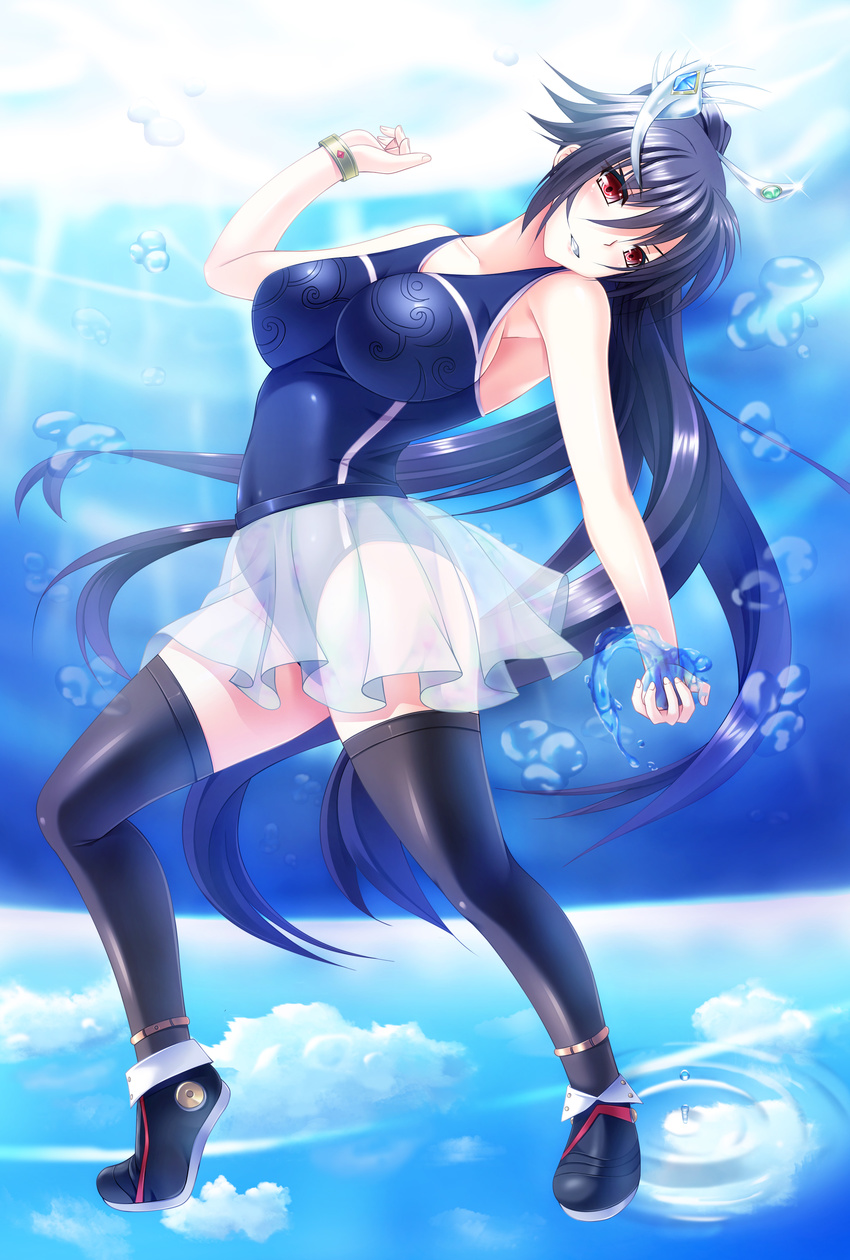 absurdres black_hair highres impossible_clothes impossible_swimsuit kouichi_eiji long_hair original red_eyes see-through skirt solo swimsuit thighhighs underwater