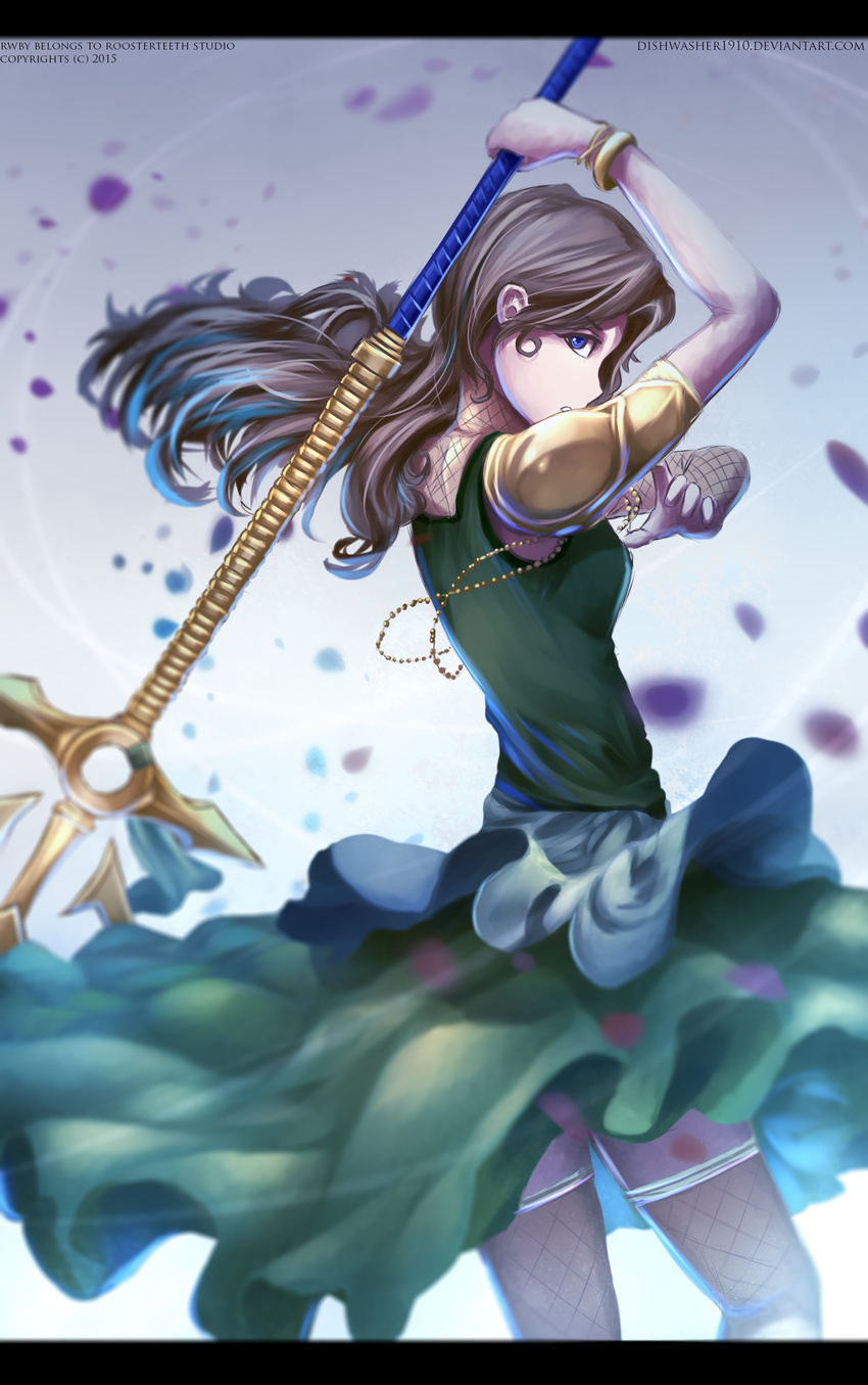2015 absurdres bangle blue_eyes bracelet brown_hair company_name copyright_name dew_gayl dishwasher1910 dress green_dress highres jewelry letterboxed long_hair polearm rwby solo spear thighhighs watermark weapon web_address
