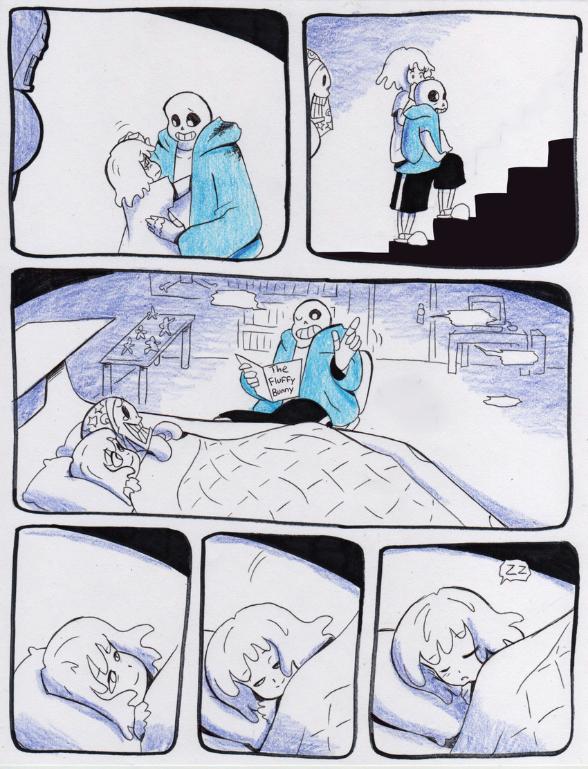 aftertale bed bone book clothed clothing comic computer desk dialogue door english_text gloves human loverofpiggies male mammal papyrus_(undertale) protagonist_(undertale) sans_(undertale) skeleton sleeping stairs tears text toy undead undertale underwear video_games