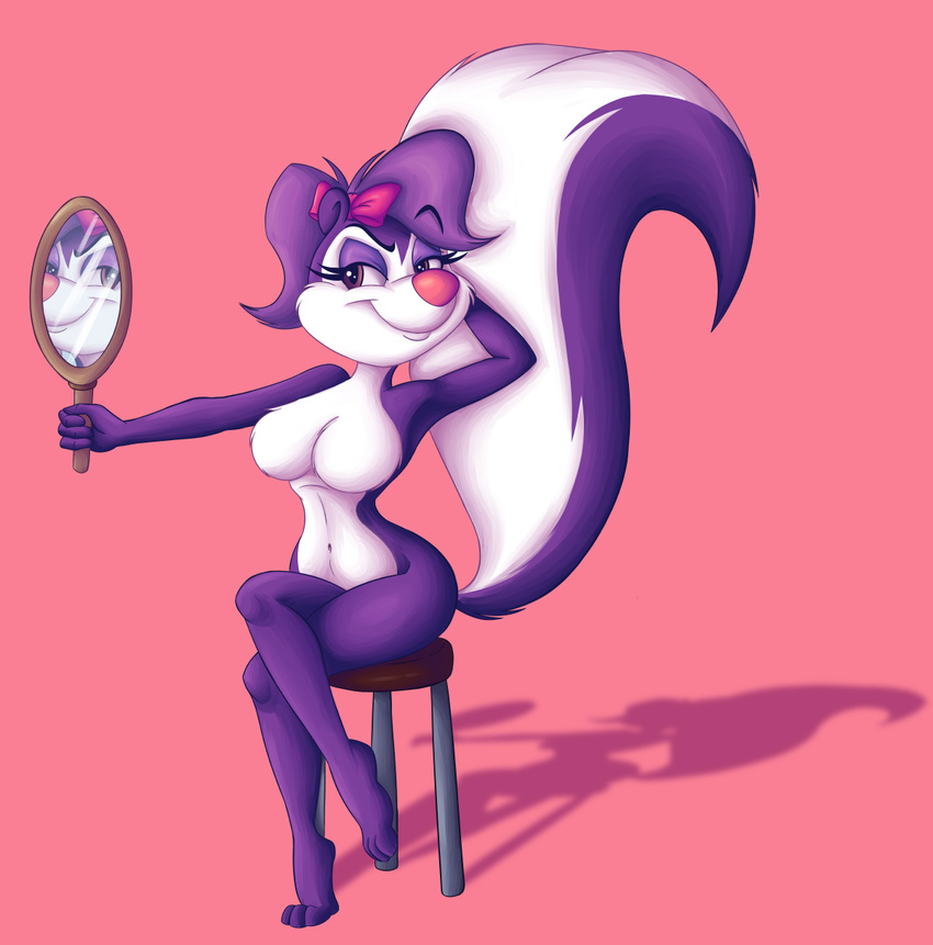 2016 anthro armpits breasts eyelashes eyeshadow featureless_breasts female fifi_la_fume fur hair hair_bow hair_ribbon hand_behind_back holding_object makeup mammal mirror multicolored_fur purple_hair ribbons simple_background sitting skunk smile solo teutonicsquid tiny_toon_adventures two_tone_fur warner_brothers