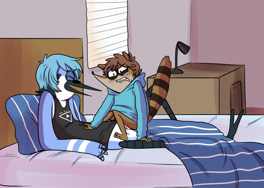 anal anal_penetration anthro avian babynarwhal balls bed bird bottomless cartoon_network duo male male/male mammal mordecai_(regular_show) penetration penis raccoon regular_show rigby_(regular_show)