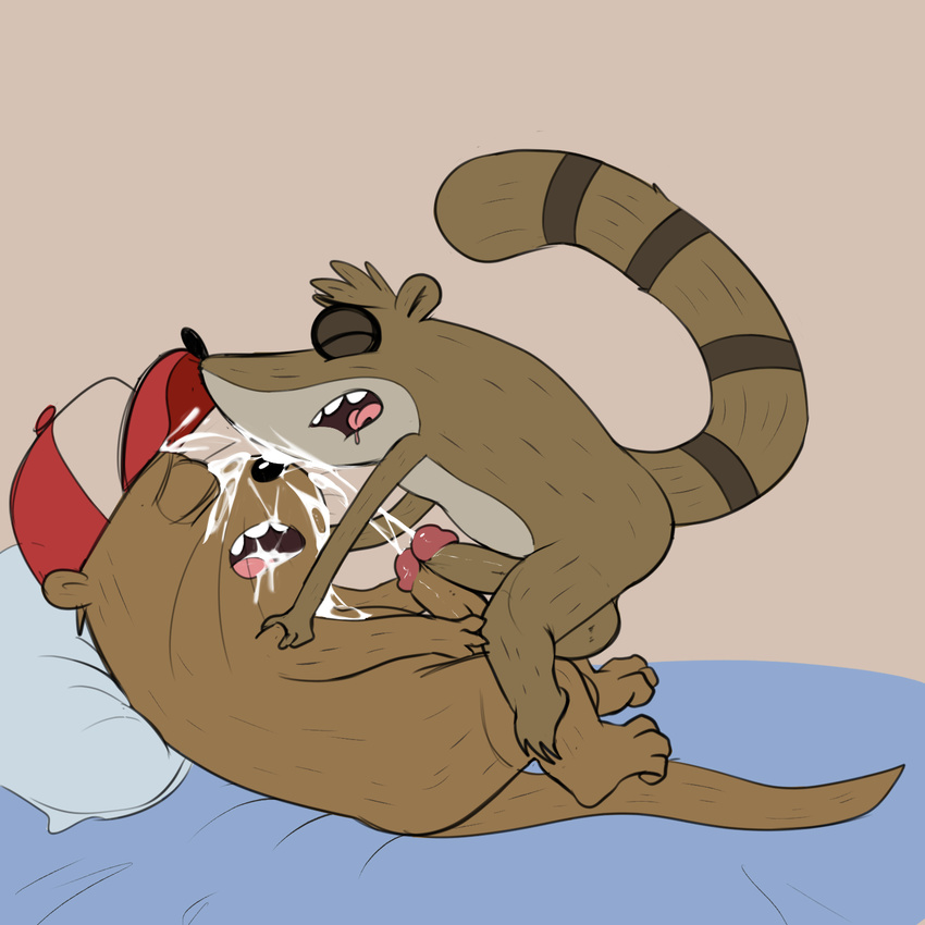 anthro balls cartoon_network doug_(regular_show) duo eyes_closed frottage humanoid_penis jerseydevil male male/male mammal mustelid otter penis raccoon regular_show rigby_(regular_show) sex