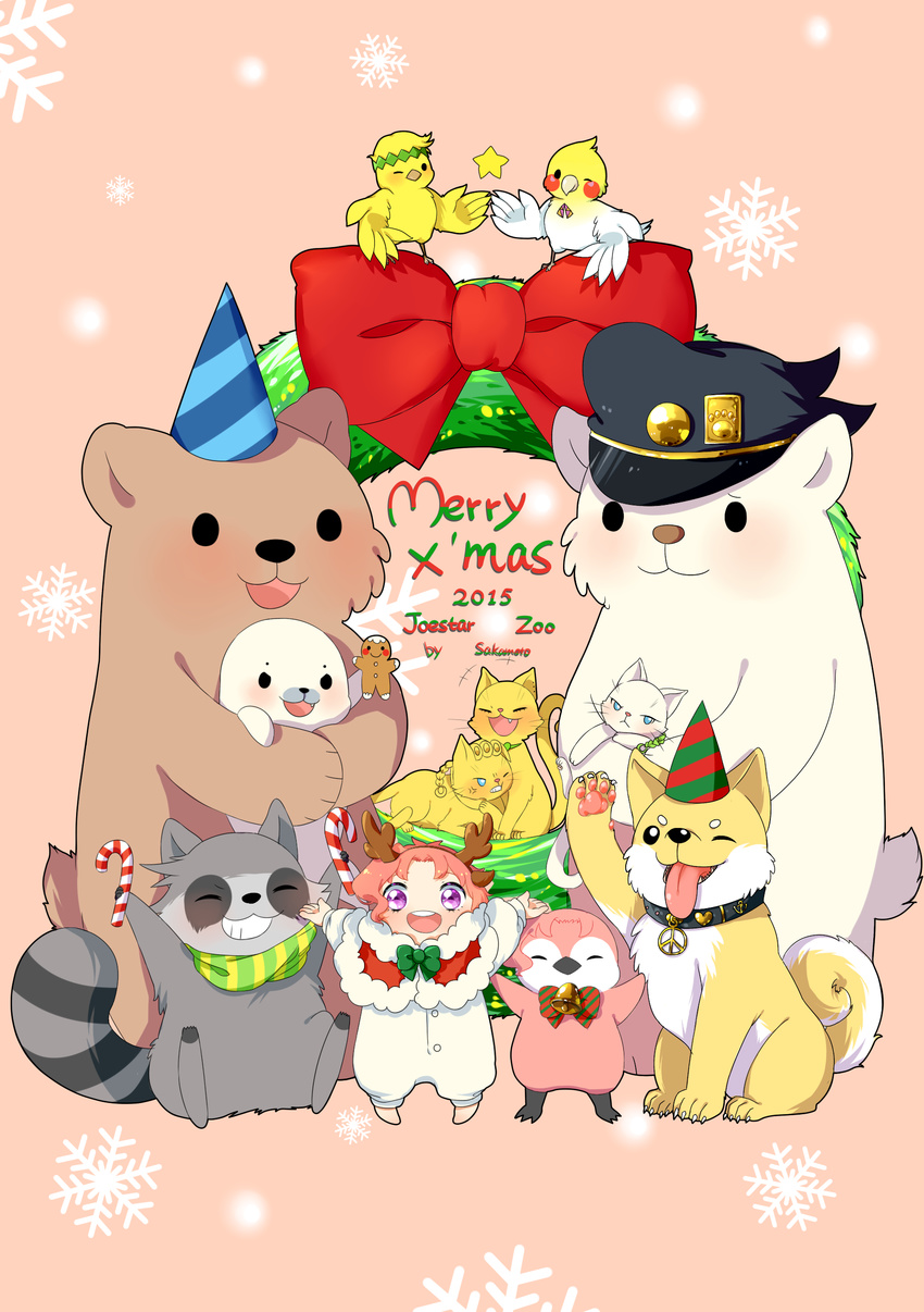 2015 absurdres antlers artist_name bear bird bow candy candy_cane cat chibi child closed_eyes collar fake_antlers food gingerbread_man hairband hat headband highres jojo_no_kimyou_na_bouken kakyouin_noriaki merry_christmas paws peace_symbol penguin pink_hair purple_eyes raccoon ribbon seal serika_sakamoto smile snowflake_background wolf wreath younger