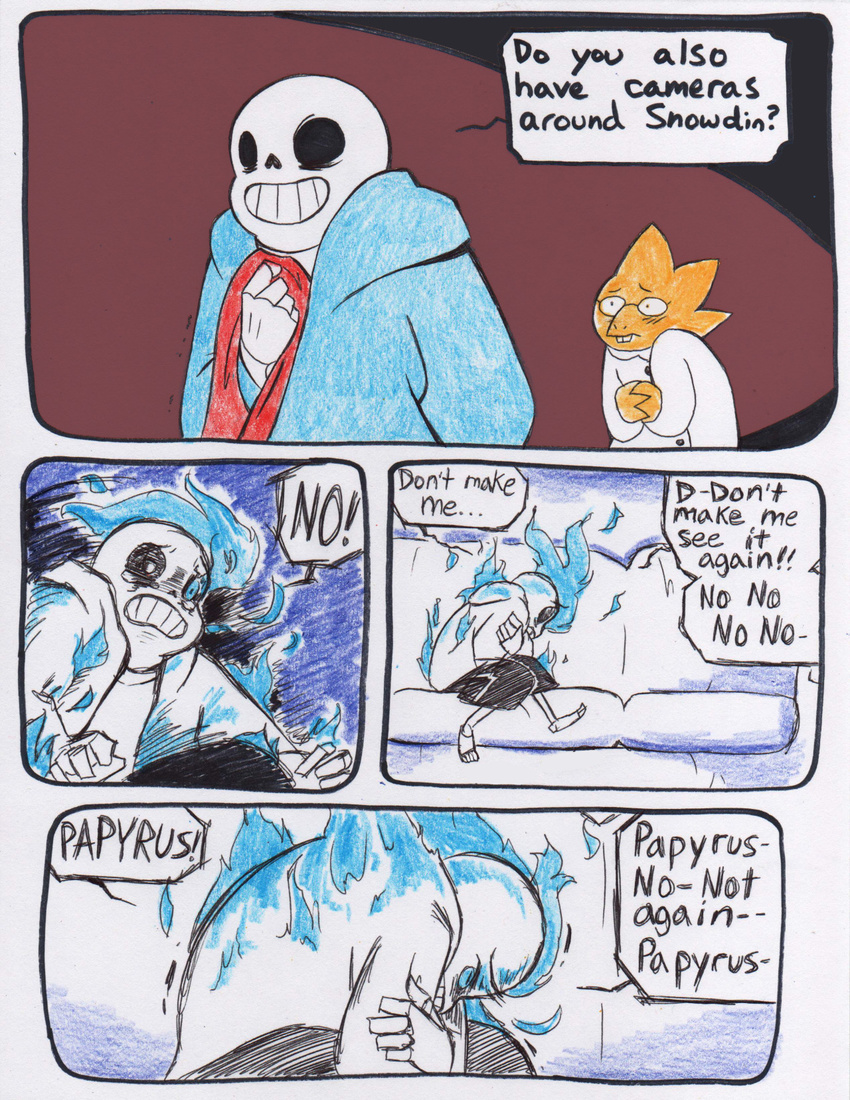 aftertale alphys bone clothed clothing comic dialogue english_text eyewear fire glasses grin lizard loverofpiggies male monster reptile sans_(undertale) scalie scarf skeleton smile sofa tears text undead undertale video_games