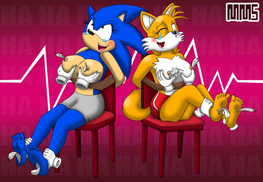 2015 anthro breasts canine clothed clothing crossgender duo_focus female fox grope group hedgehog laugh mammal meanmotorscooter miles_prower sonic_(series) sonic_the_hedgehog tickling topless