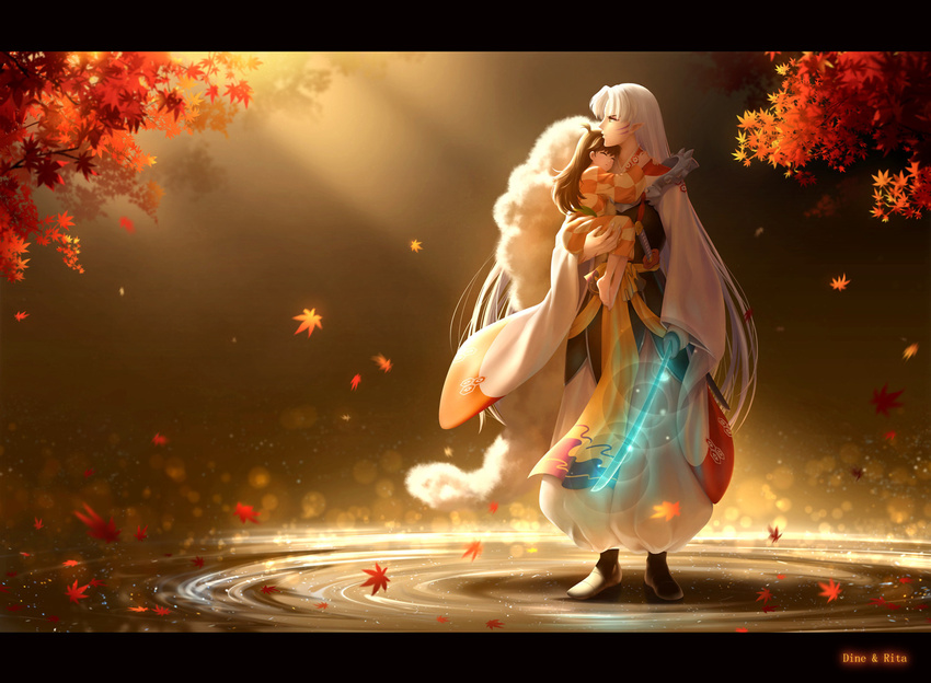 1girl age_difference artist_name baggy_pants barefoot carrying checkered checkered_kimono child closed_eyes dine&amp;rita facial_mark full_body fur_trim height_difference inuyasha japanese_clothes kimono leaf lens_flare letterboxed long_hair looking_up maple_leaf pants pointy_ears rin_(inuyasha) sesshoumaru standing sunlight sword very_long_hair water weapon white_pants wide_sleeves yukata