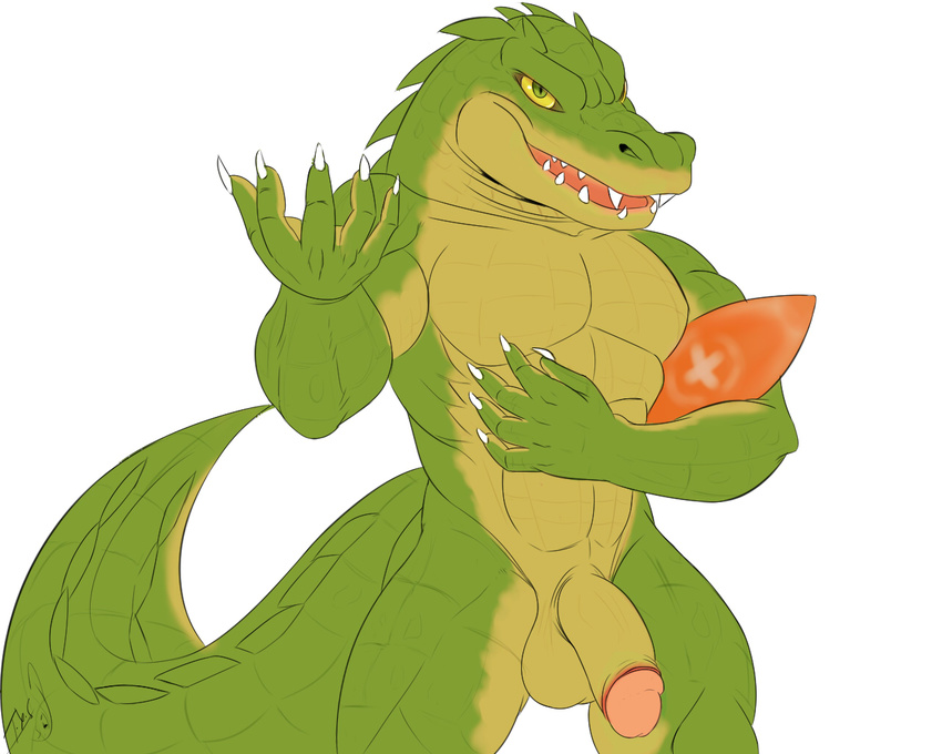 abs balls big_muscles circumcised crocodile front_view half-erect holding_object humanoid_penis league_of_legends looking_at_viewer male muscular open_mouth pecs penis renekton reptile scalie seyrmo sharp_teeth signature solo standing teeth video_games
