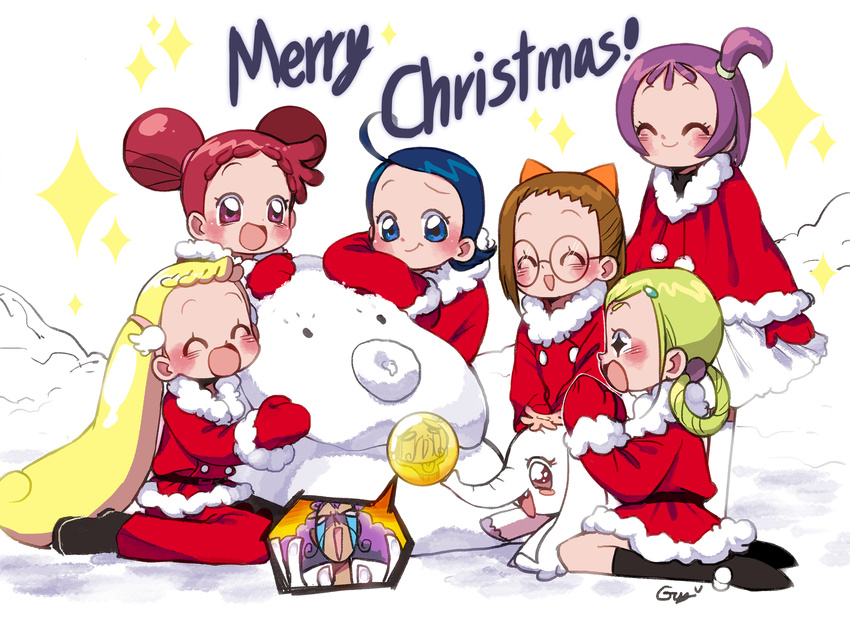 blonde_hair blush christmas elephant fujiwara_hazuki guuuunya harukaze_doremi highres long_hair majorika makihatayama_hana multiple_girls ojamajo_doremi open_mouth pao-chan santa_costume segawa_onpu senoo_aiko shoes smile snow text_focus twintails