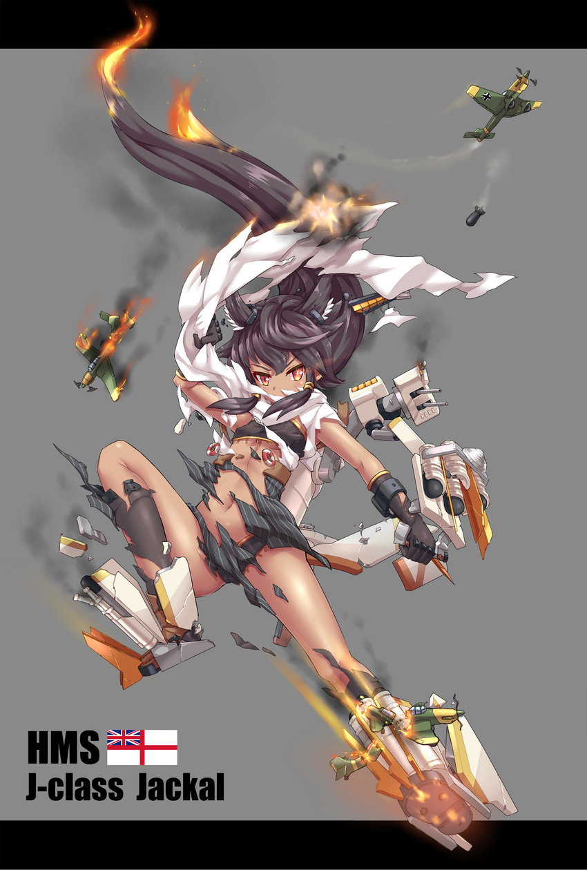 aa_gun animal_ears black_bra black_gloves black_hair black_panties bra burnt_clothes cannon cape character_name claw_(weapon) gloves highres jackal_(zhan_jian_shao_nyu) jackal_ears ju_87 lifebuoy machinery official_art panties red_eyes remodel_(zhan_jian_shao_nyu) rigging royal_navy shirt sirills skirt smokestack solo torn_clothes torn_shirt torn_skirt torpedo turret underwear weapon zhan_jian_shao_nyu