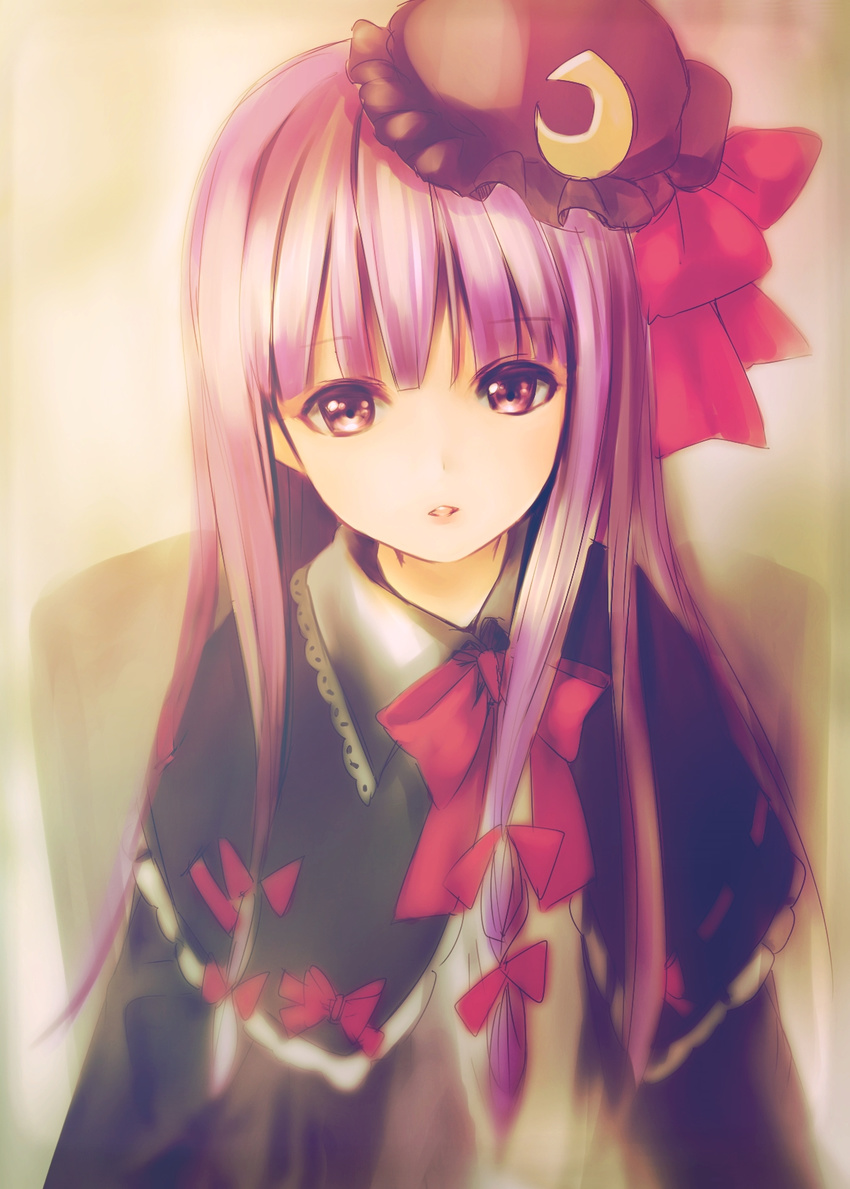 alternate_color bangs blunt_bangs capelet catbell crescent crescent_hair_ornament hair_ornament hair_ribbon hat highres long_hair looking_at_viewer parted_lips patchouli_knowledge purple_eyes purple_hair red_ribbon ribbon simple_background solo touhou tress_ribbon